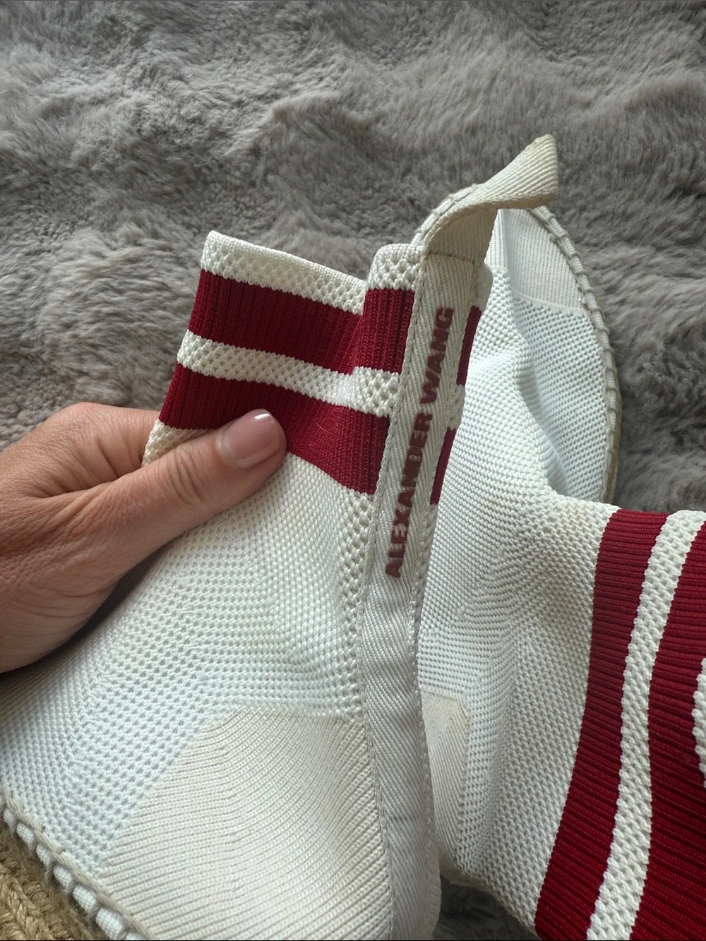 Alexander Wang Cream Canvas Espadrille Ankle Boots with Red Trim